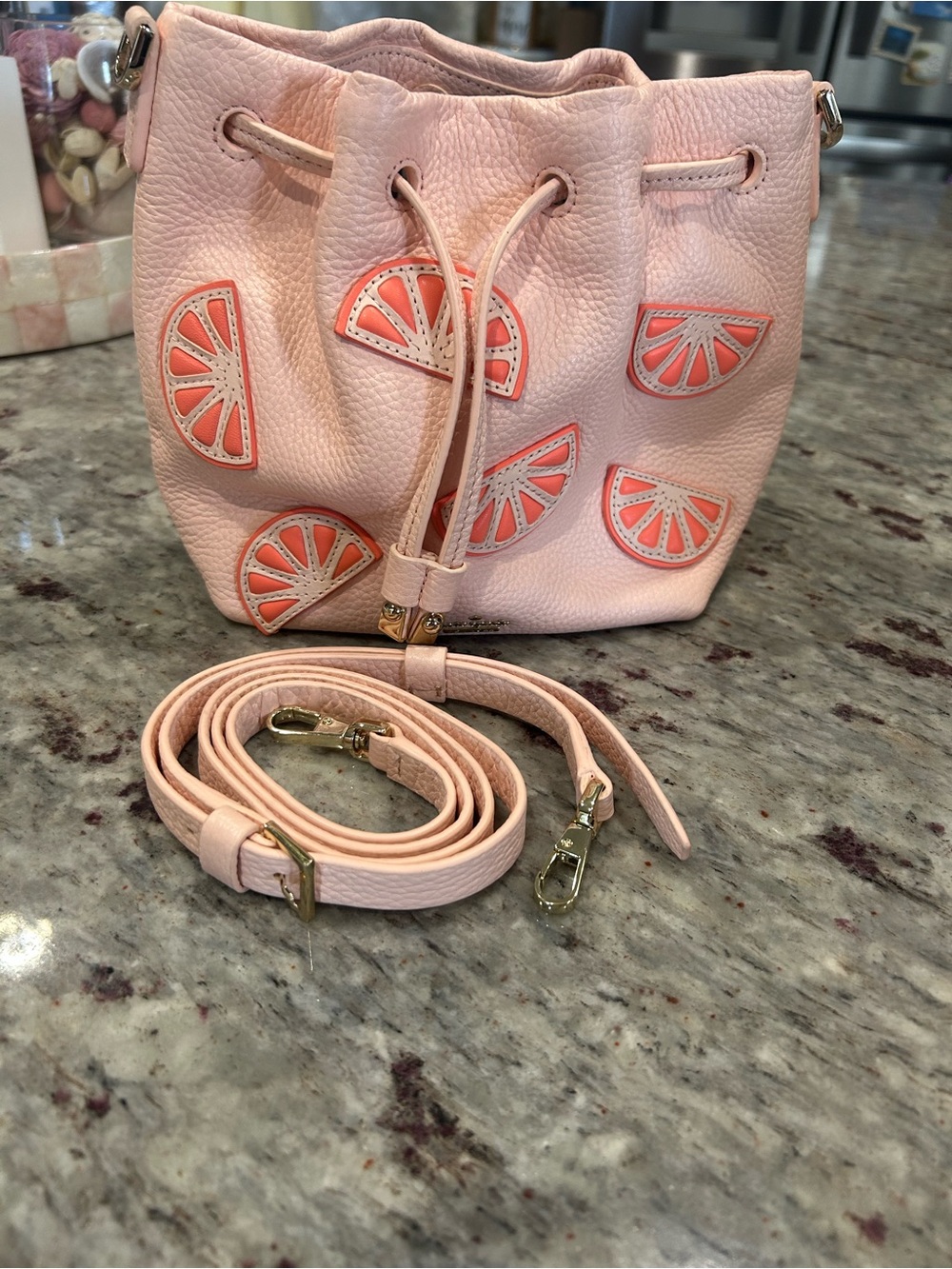 kate spade Pink Leather Citrus Appliqué Drawstring Crossbody Bag - Picture 6 of 7